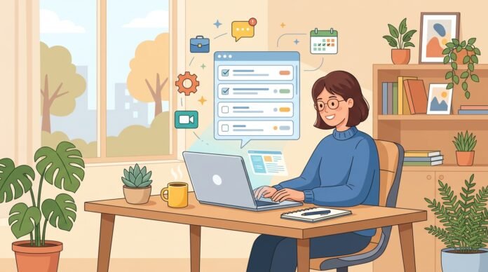 Freelancer_working_at_laptop_202609091825 freelancer using a free AI task manager to organize client work
