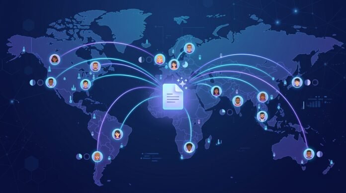 World_map_connecting_remote_teams_202609091828 AI tool for meeting notes helping remote teams solve async communication gaps